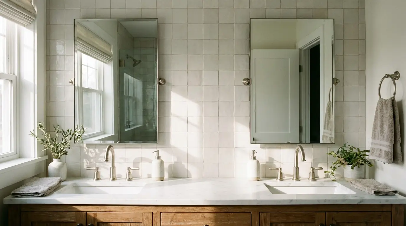 Double vanity bathroom with wooden cabinets, marble countertops, and beige tile backsplash