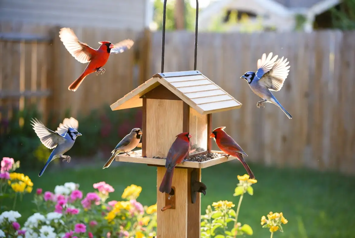 Birds feeding and flying around a wooden bird feeder in a garden with colorful flowers