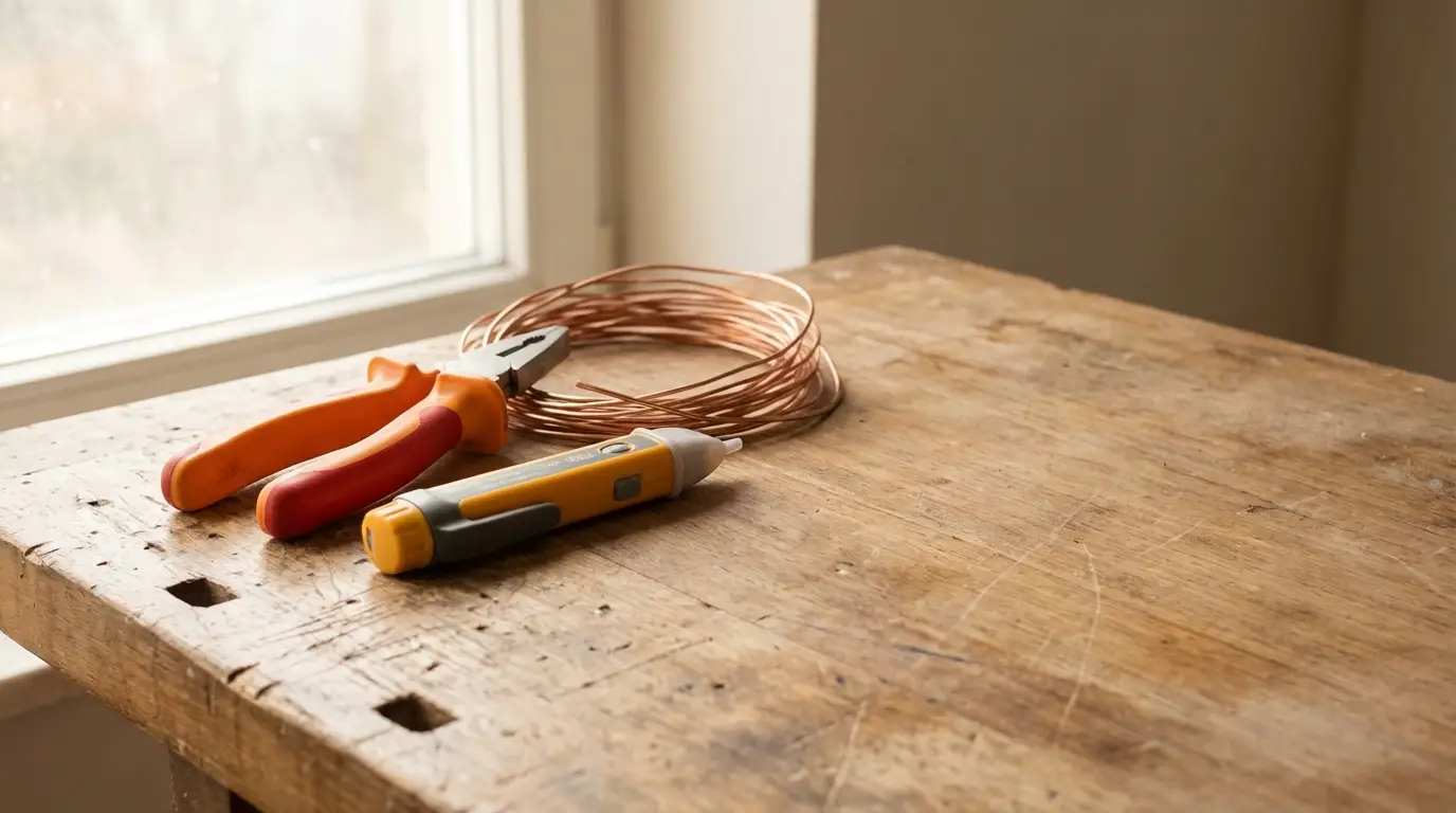 Plier, copper wire, and voltage tester on wooden workbench in natural light