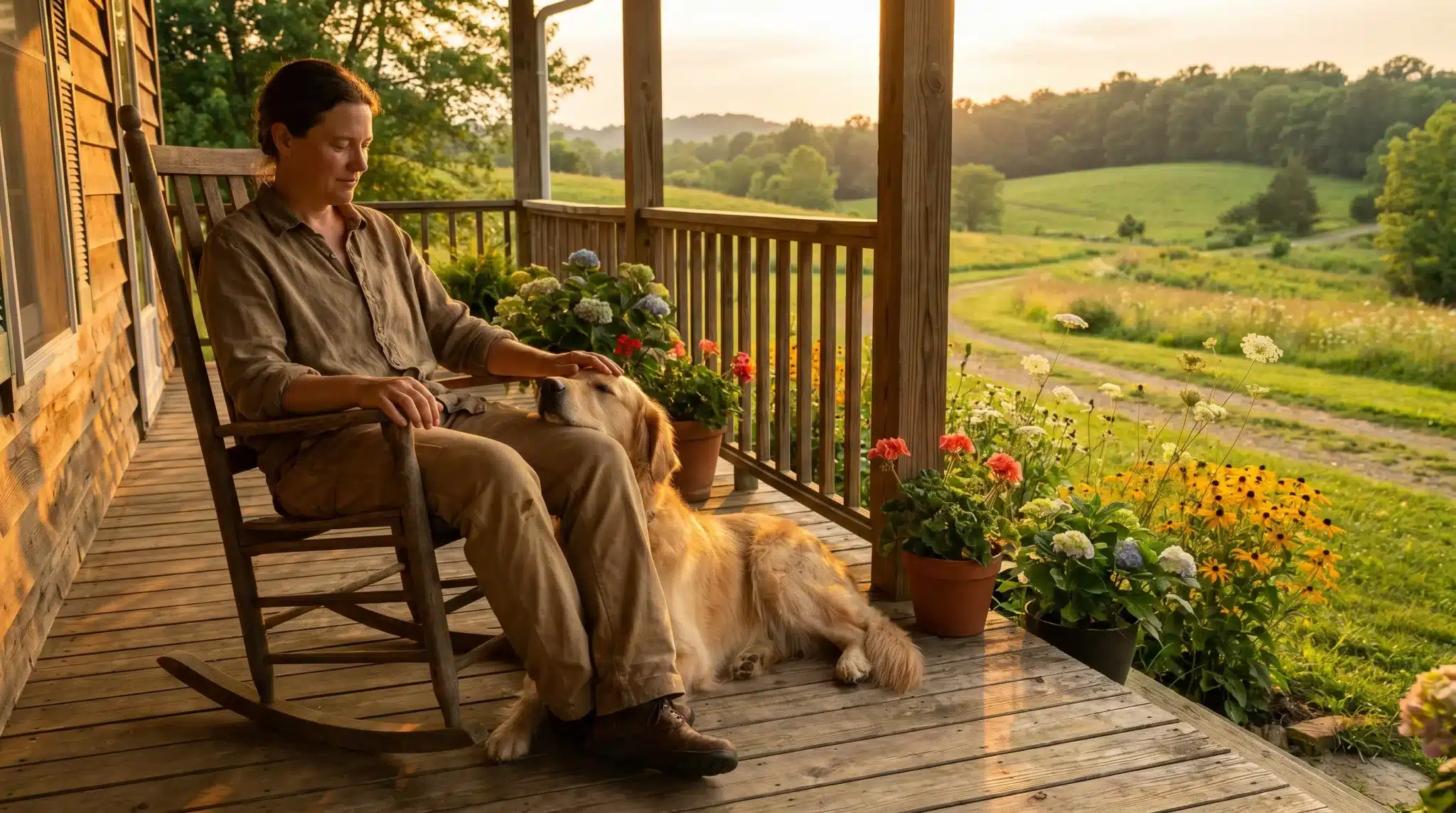 Person sitting on porch rocking chair petting golden retriever surrounded by potted flowers at sunset