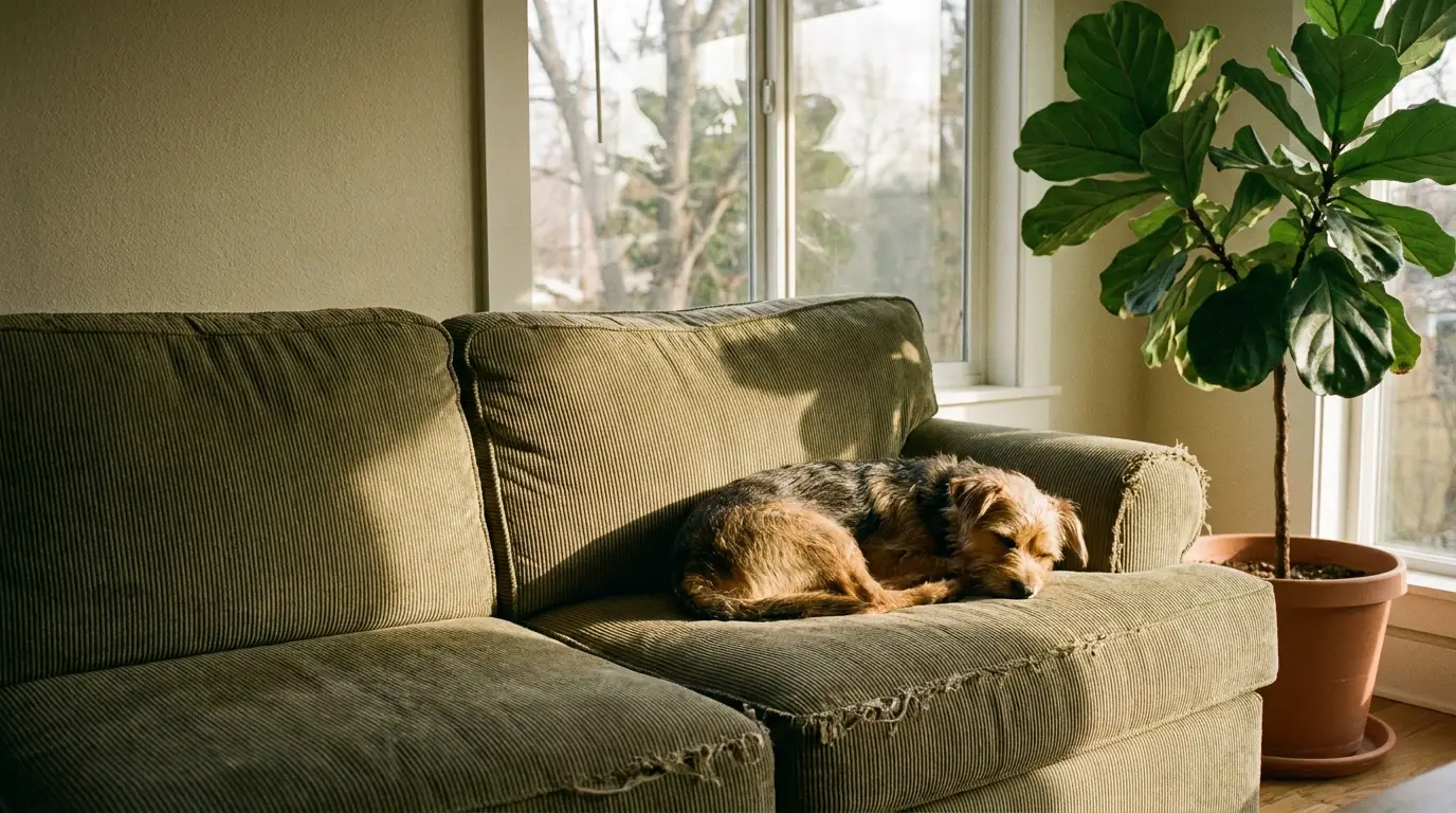 Dog sleeping on green corduroy sofa next to large potted plant under sunlight