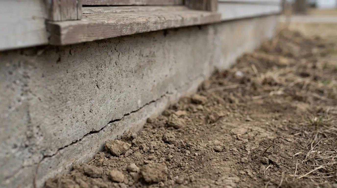 Wide crack in concrete foundation with surrounding dry soil and wooden structure above