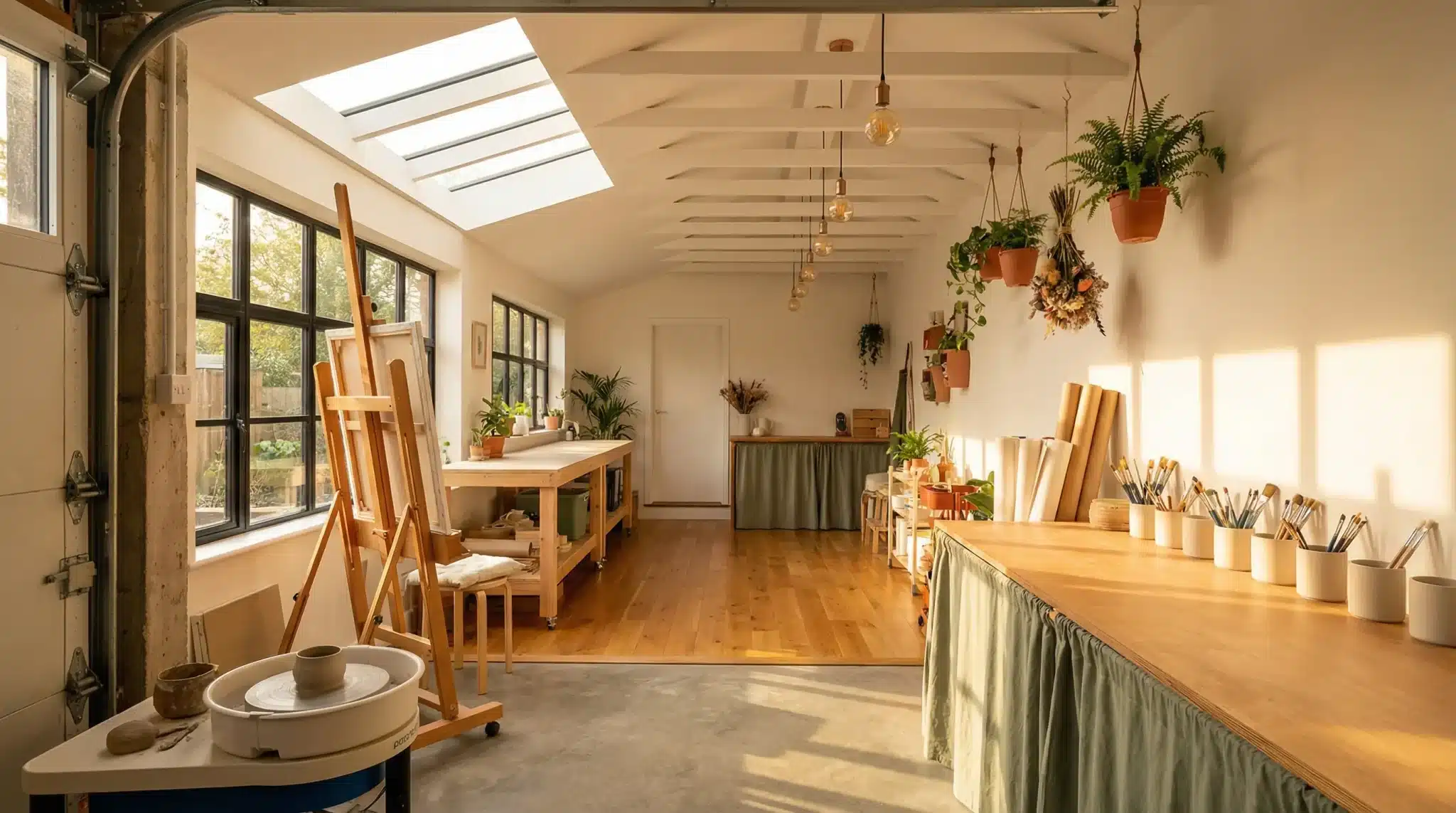 Art studio with wooden easels, pottery wheel, and hanging plants in natural light