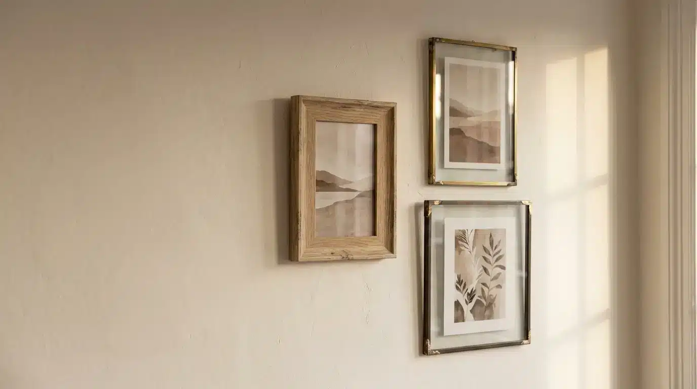 Framed minimalist artwork on beige wall in soft natural light