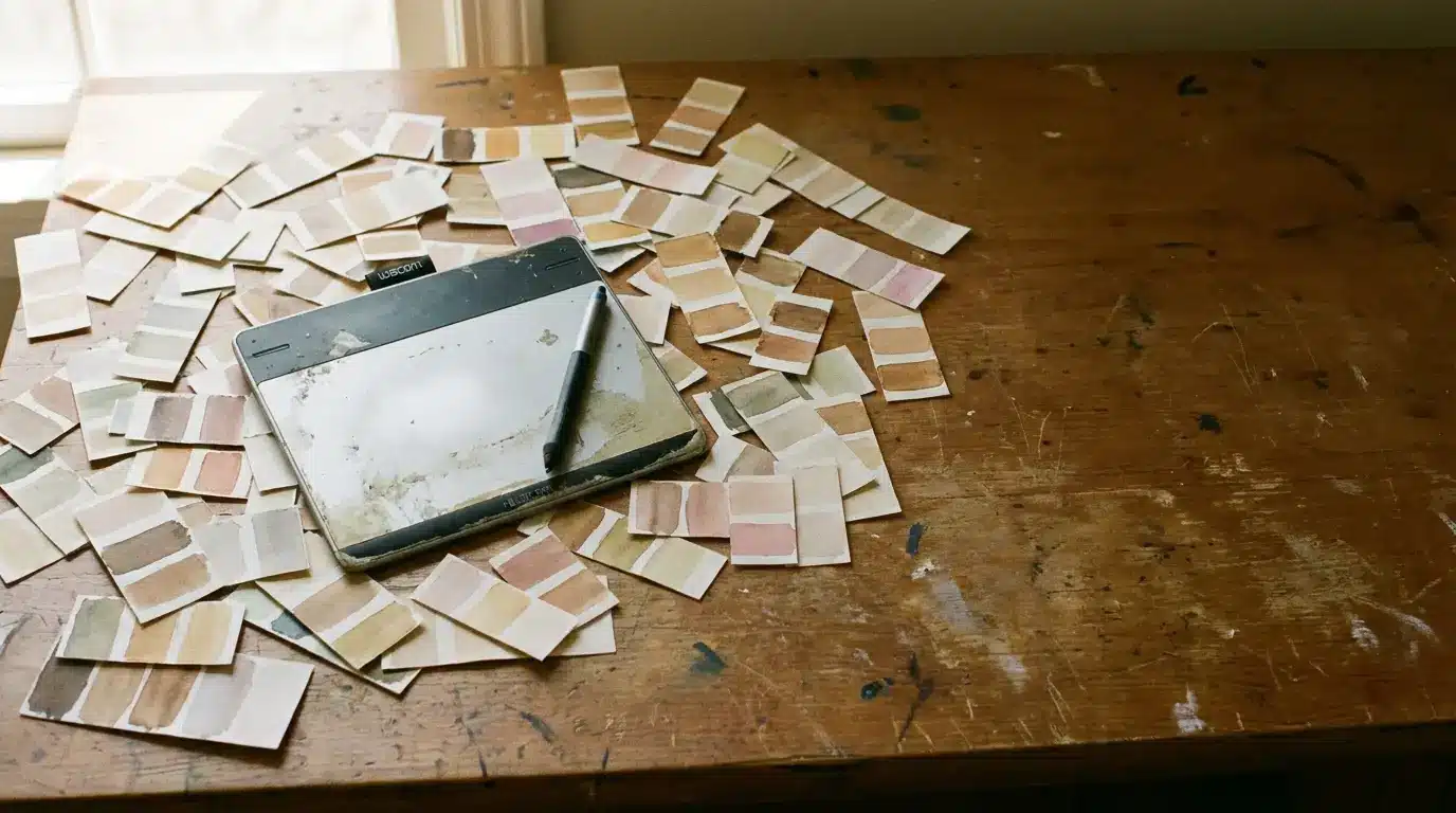 Tablet and stylus on wooden desk surrounded by color swatches in natural light