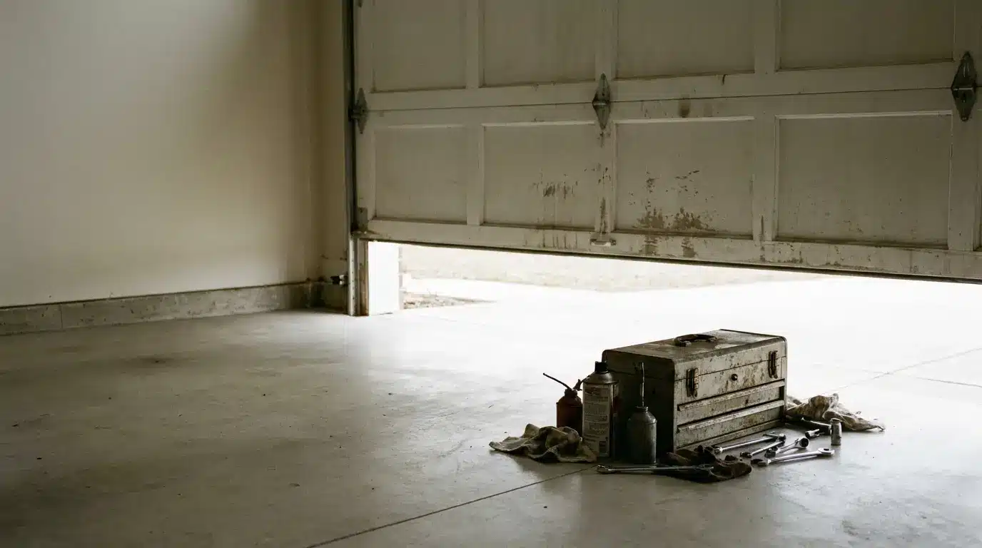 Rustic metal toolbox with scattered tools on concrete garage floor near open door