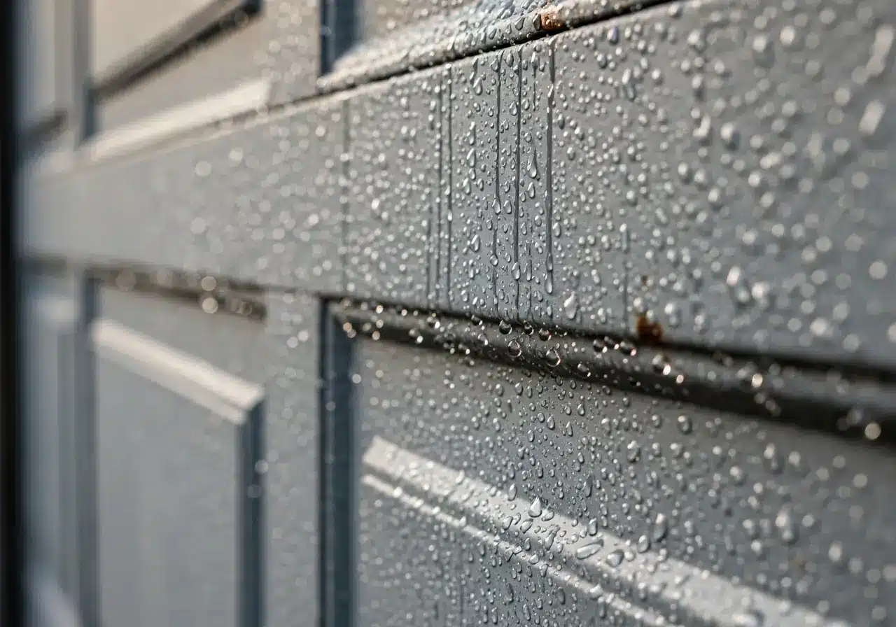 Rain droplets on gray textured garage door under natural light