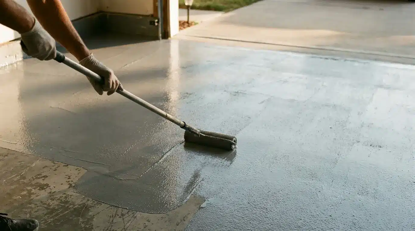 Worker applying epoxy coating on garage floor with roller under natural light
