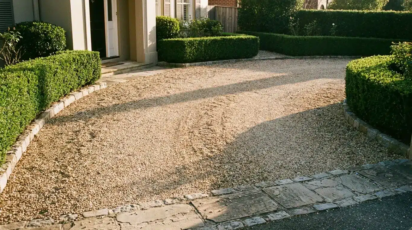 Gravel driveway bordered by neatly trimmed hedges and stone path in sunlight
