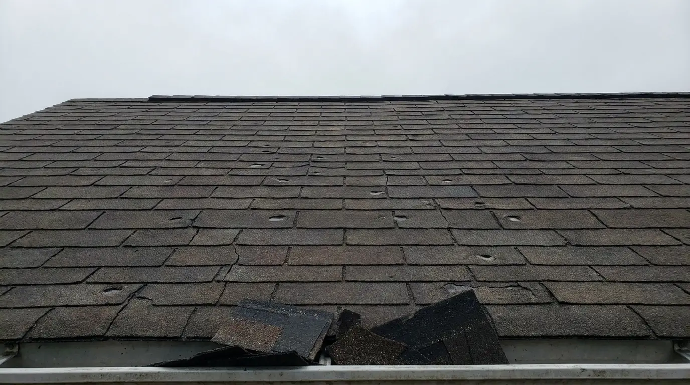 Damaged roof shingles with missing pieces under overcast sky