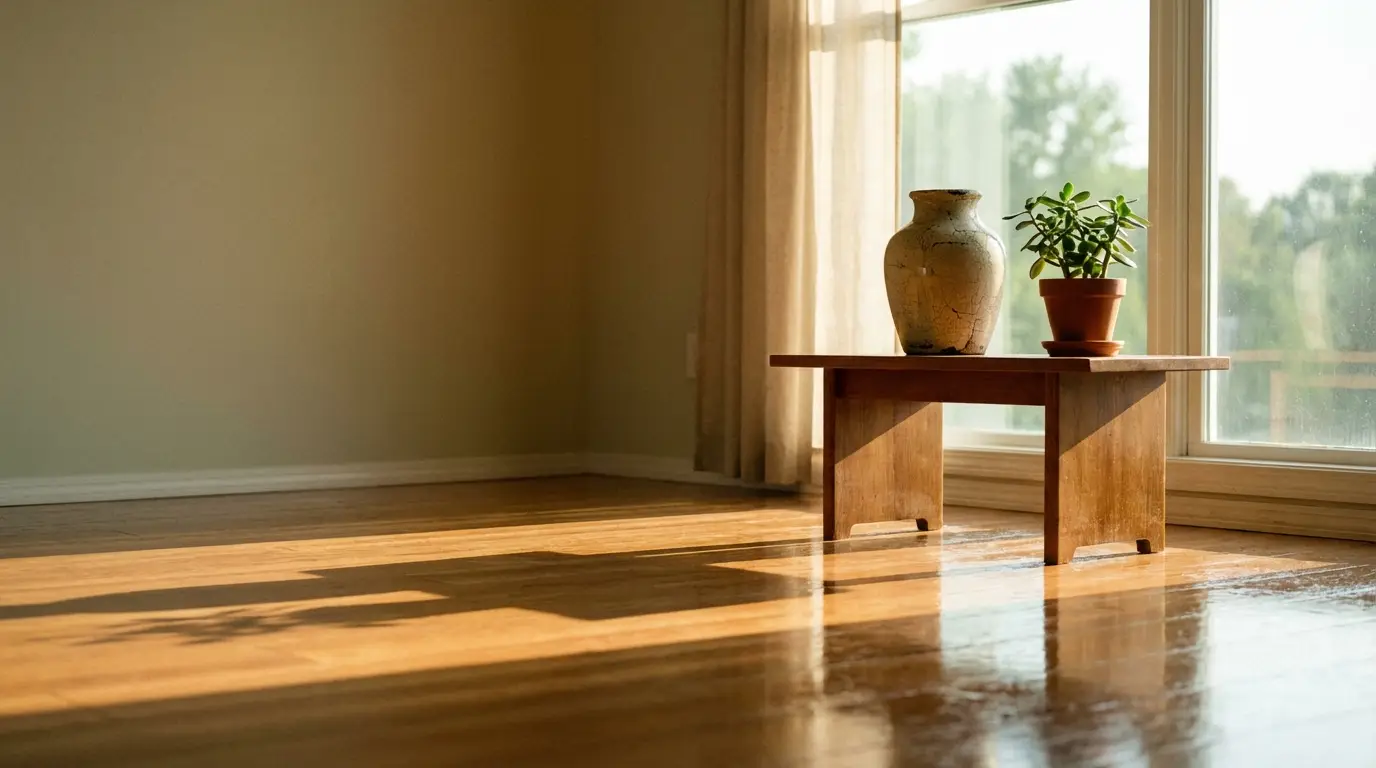 Wooden table with vase and potted plant by window in sunlit room