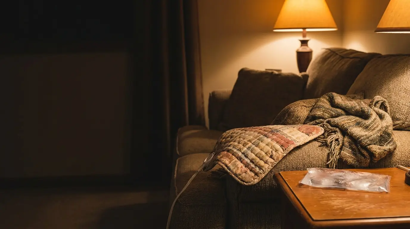 Living room with beige sofa, patterned throw, and lamp in warm lighting