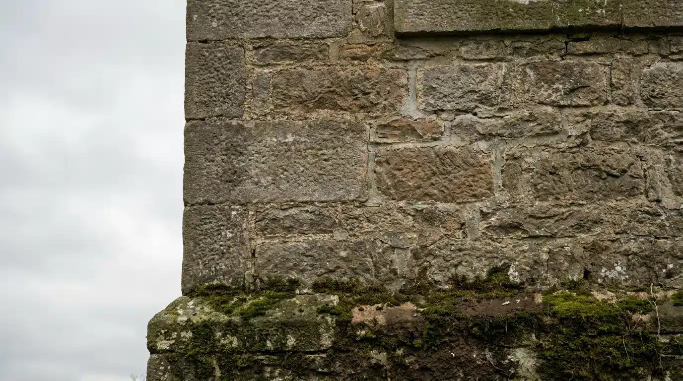 Weathered stone wall with patches of green moss outdoors in overcast lighting