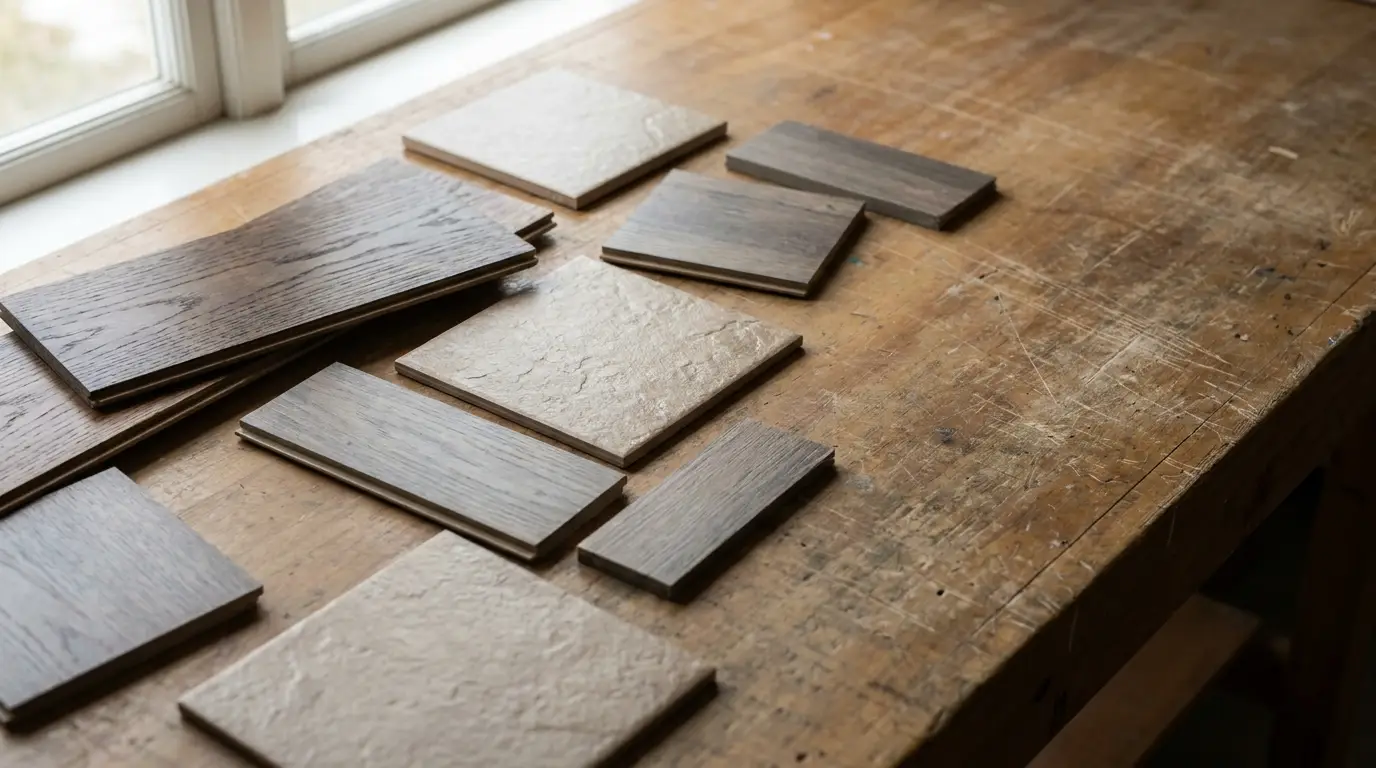Wood and tile samples laid out on wooden workbench in natural daylight