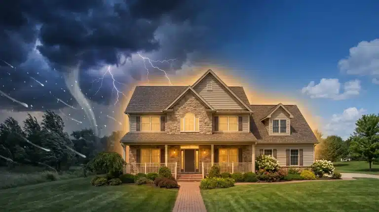 Two-story house with stormy skies and tornado to the left, clear skies to the right