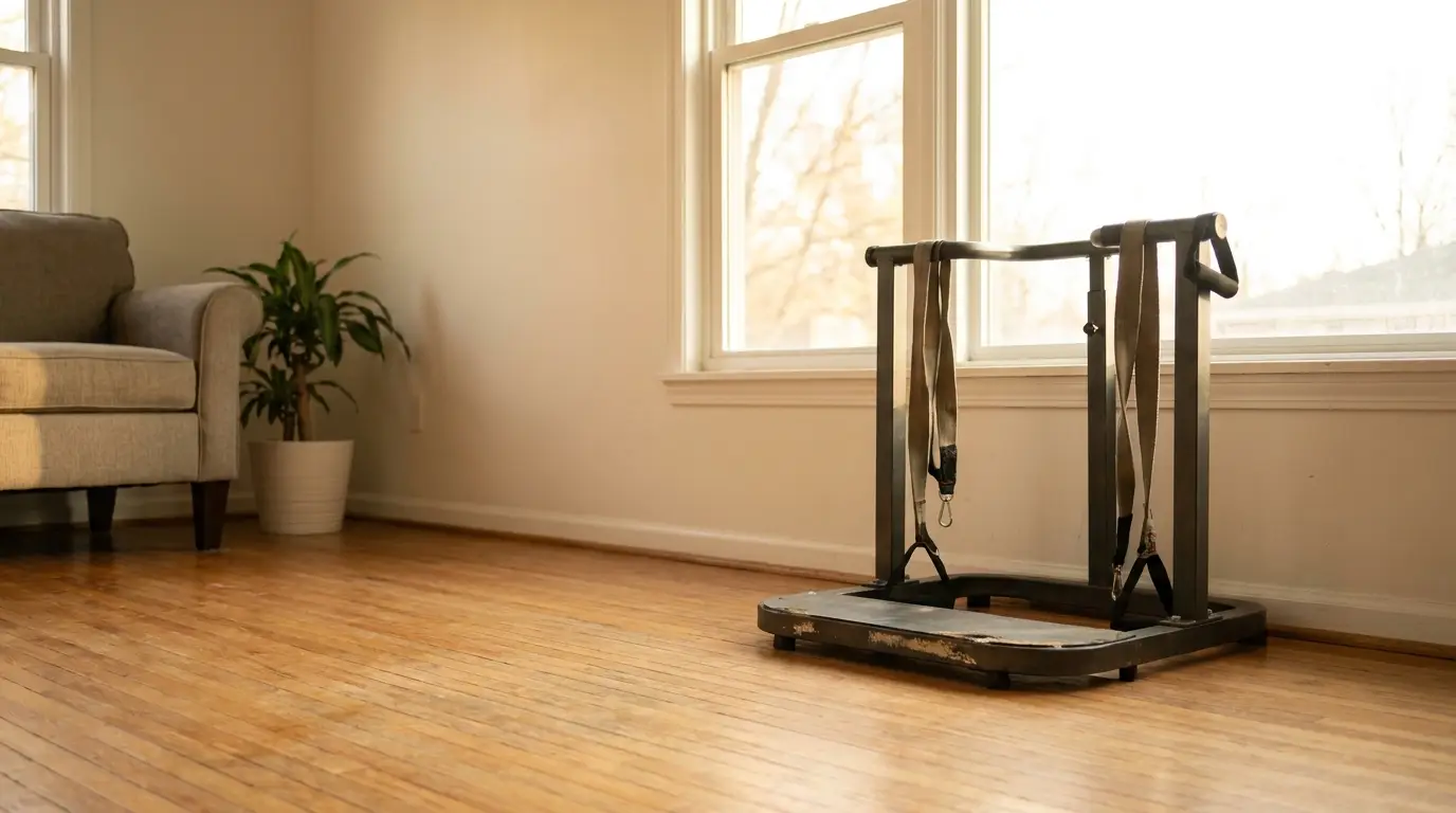 Exercise equipment near gray sofa and potted plant in a sunlit living room
