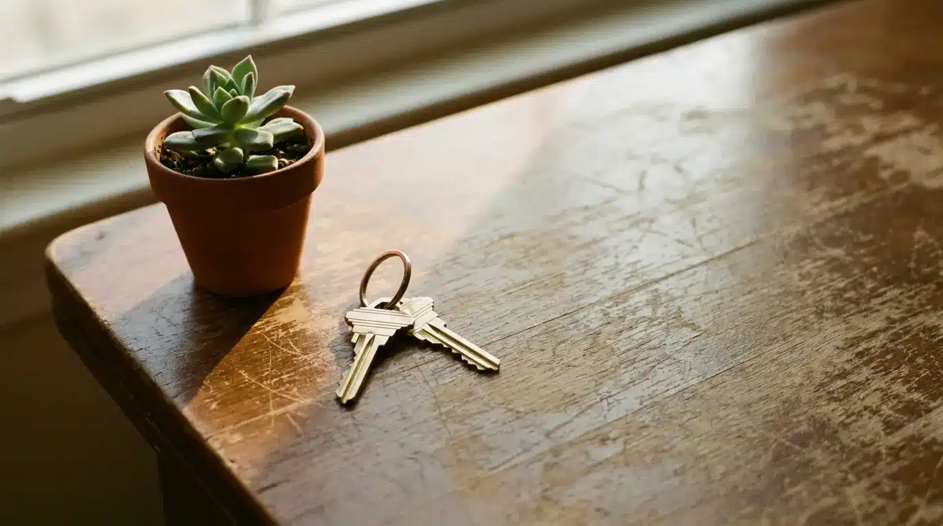 Succulent in terracotta pot and keys on wooden table under soft natural light