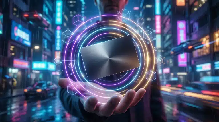 Futuristic cityscape with digital graphic surrounding a floating metal card in a person's hand