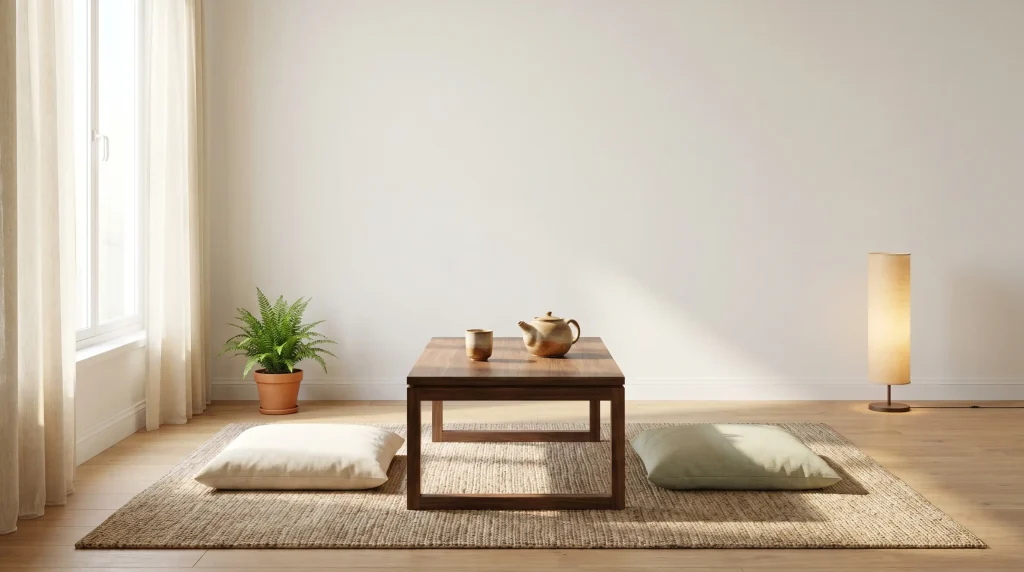 Tea set on wooden table with cushions in minimalist living room, natural light from window