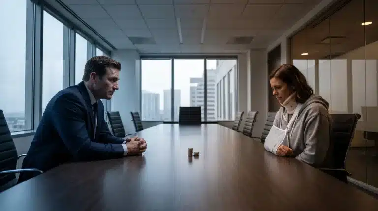 Two people facing each other at conference table with coins stacked in between