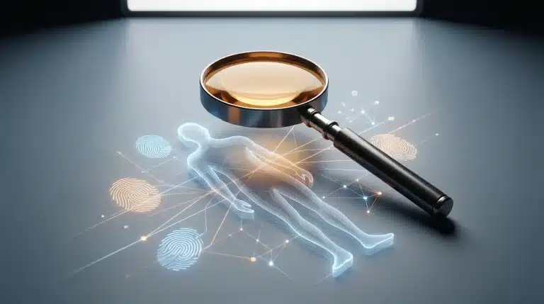 Magnifying glass over digital human figure with fingerprints on futuristic table surface