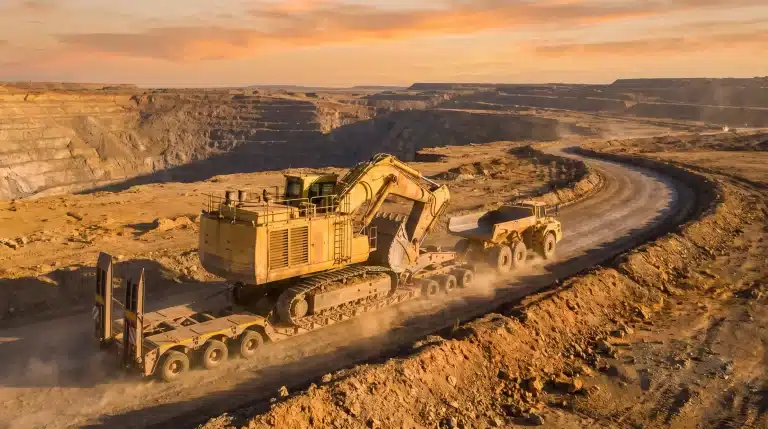Large excavator and dump truck operating in open-pit mine under orange sunset sky