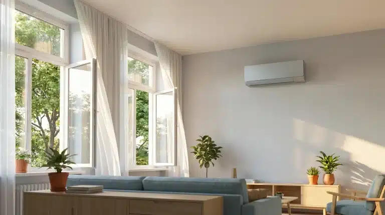 Modern living room with air conditioner, open windows, and potted plants in natural light