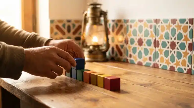 Hands arranging colorful wooden blocks on wooden table with ornate patterned tiles in background
