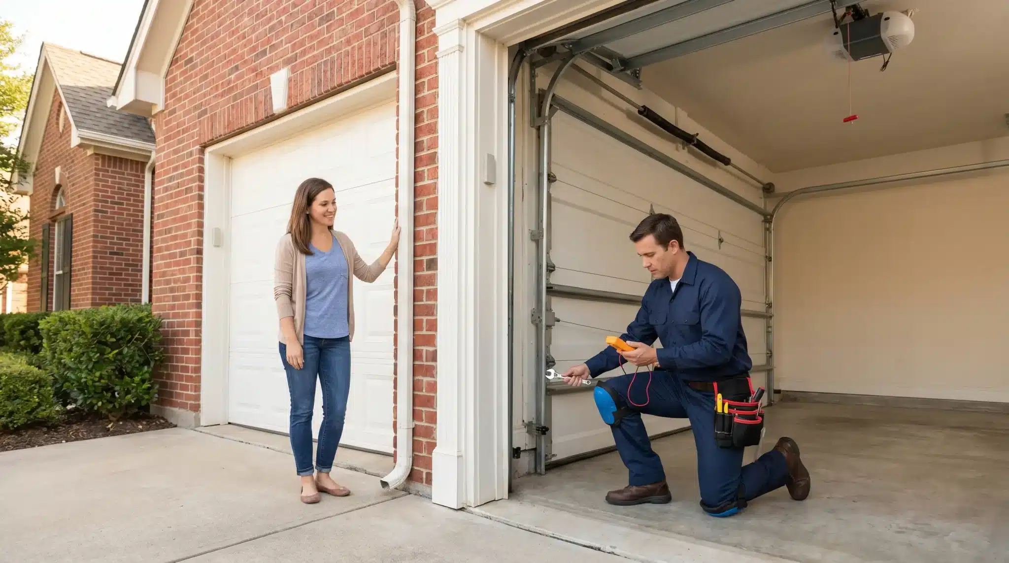 Technician kneeling and repairing garage door as woman observes in residential exterior setting