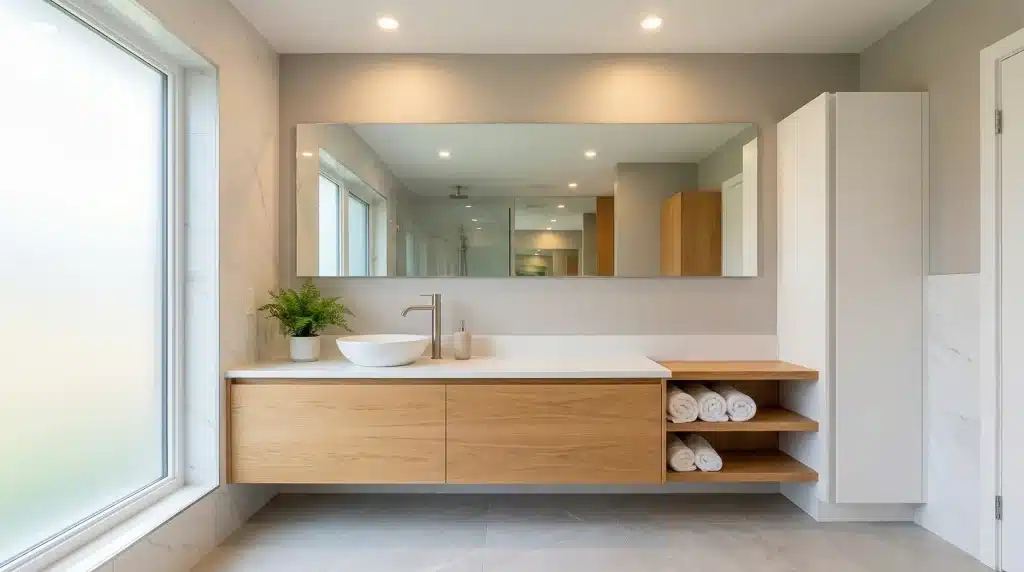 Modern bathroom with large mirror, wooden vanity, vessel sink, and rolled towels in natural light