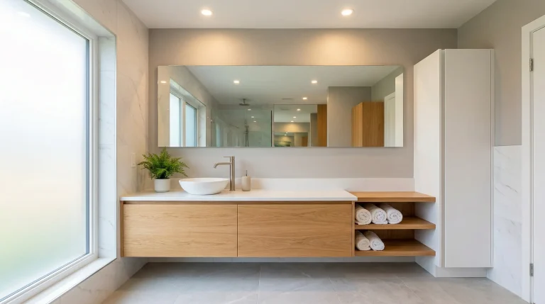 Modern bathroom with large mirror, wooden vanity, vessel sink, and rolled towels in natural light