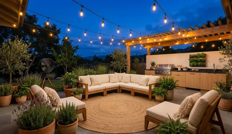 Outdoor patio with string lights, wooden pergola, sectional sofa, and built-in grill against night sky