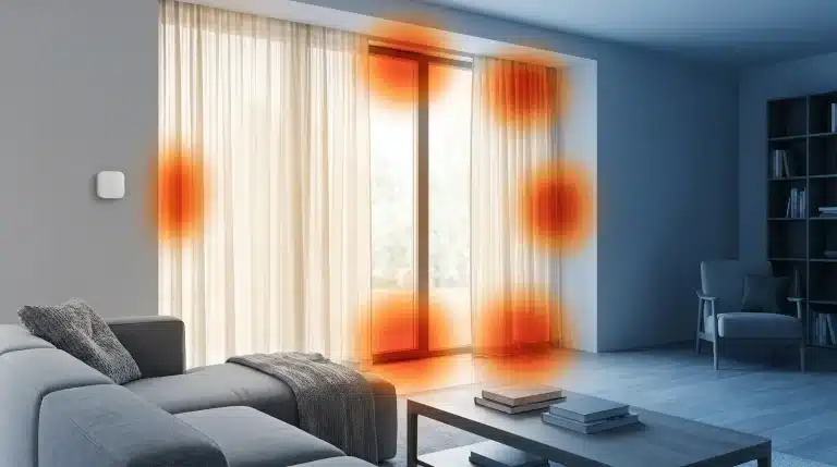Modern living room with gray sofa, heat spots on window curtains, emphasizing energy efficiency