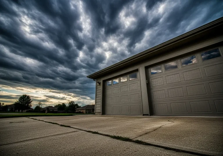 Stormy sky over residential garage in suburban neighborhood with concrete driveway