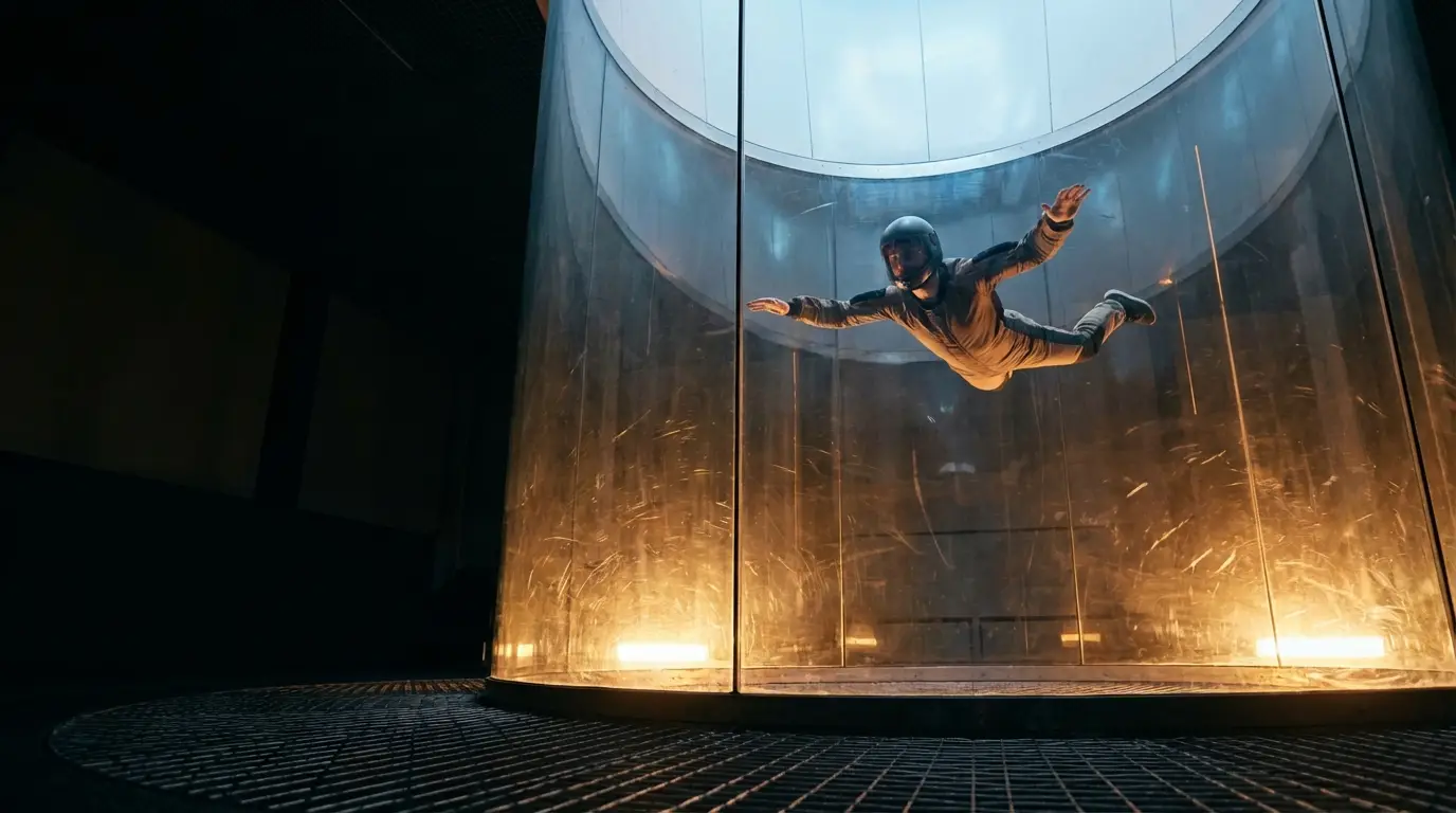 Person in flight suit hovering in vertical wind tunnel with warm lighting indoors