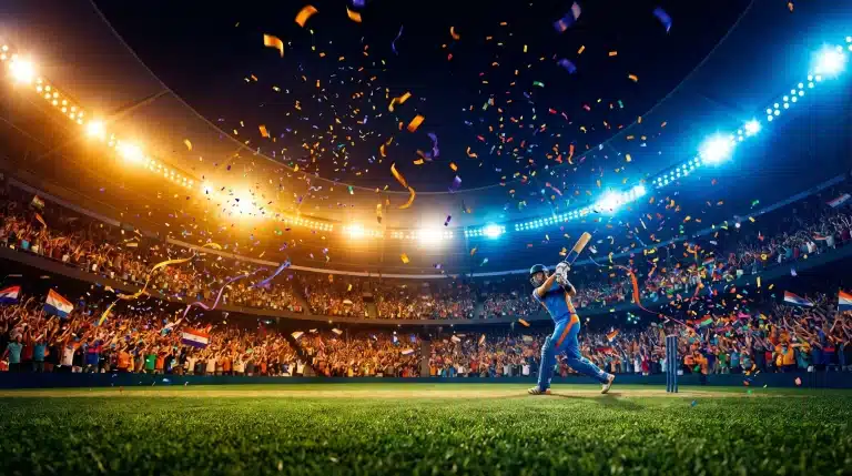 Cricketer swinging bat in a stadium with confetti and cheering crowd under bright lights