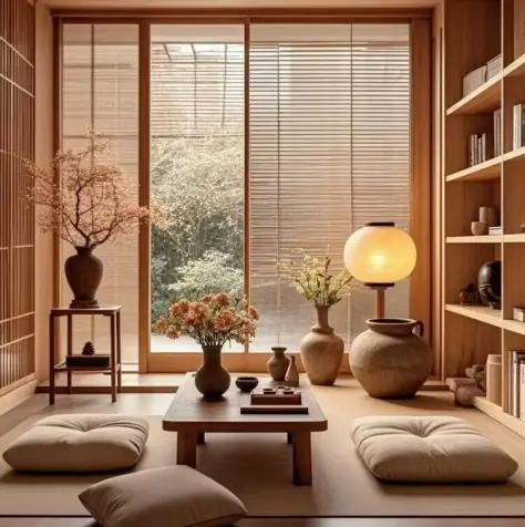 Minimalist Japanese-style living room with low table, floor cushions, and soft warm lighting