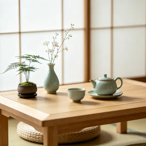 Teapot and cup on wooden table with small vase and fern in peaceful room