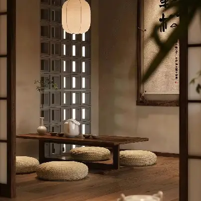 Traditional Japanese tea room with wooden table, ceramic teapot, and woven cushions under warm lighting