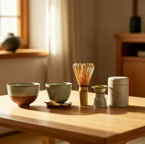 Matcha tea set with bowls, whisk, and canister on wooden table in sunlit room