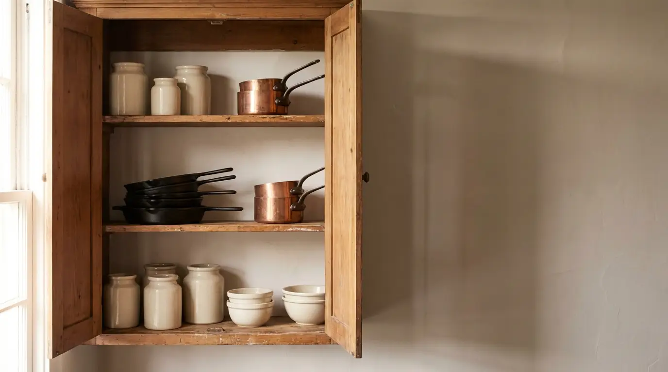 Wooden kitchen shelf with ceramic jars, stacked cast iron pans, and copper pots