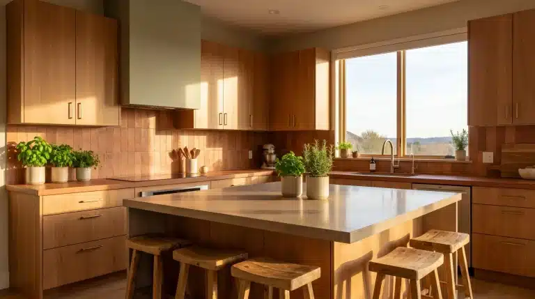 Modern kitchen with wooden cabinets, concrete countertop, and potted herbs by a large window