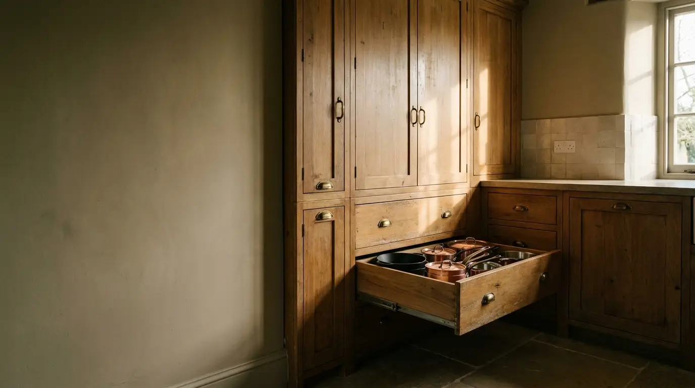 Open kitchen drawer with copper pots and pans inside wooden cabinetry under natural light