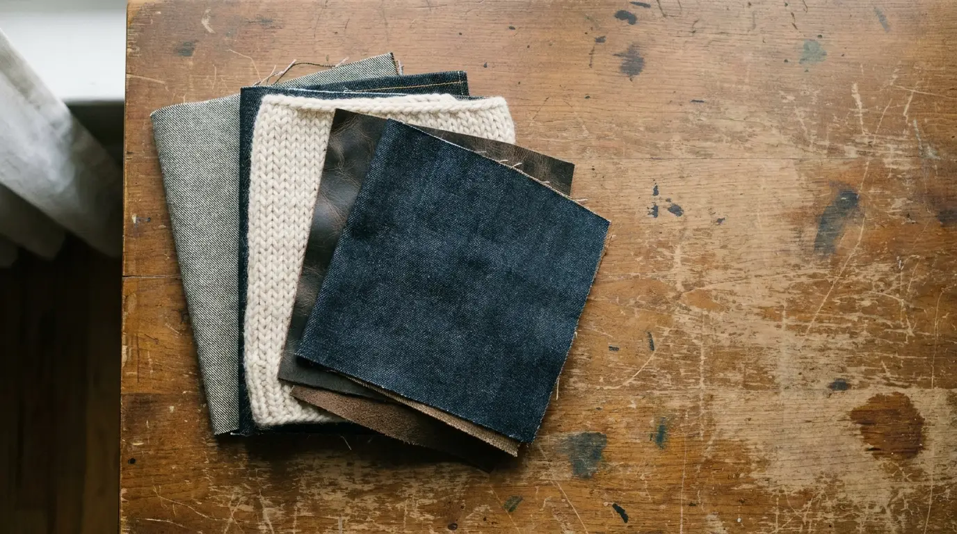 Fabric swatches in various textures and colors on a worn wooden table