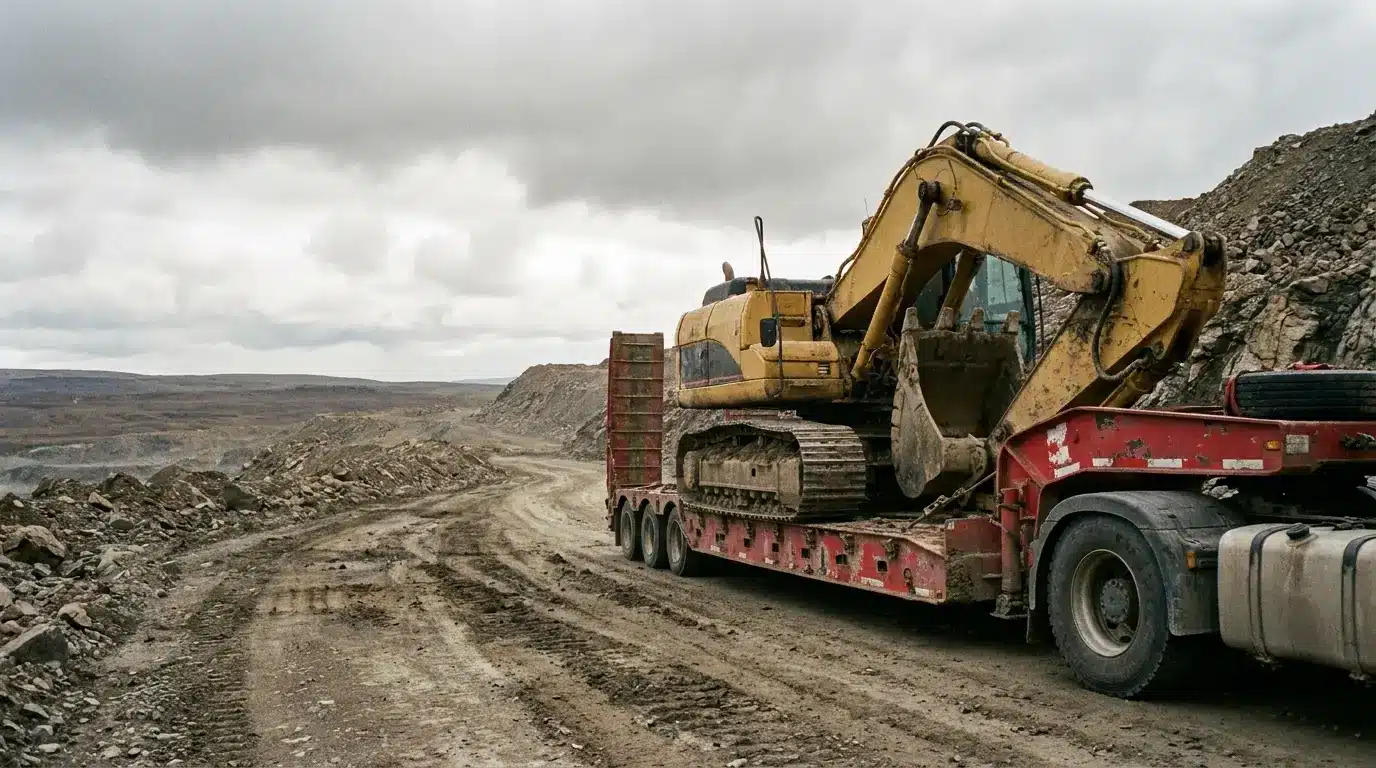 Excavator on a red flatbed truck in a rocky quarry under cloudy sky