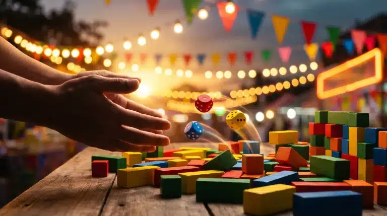Hands tossing colorful dice with wooden blocks on outdoor festival table