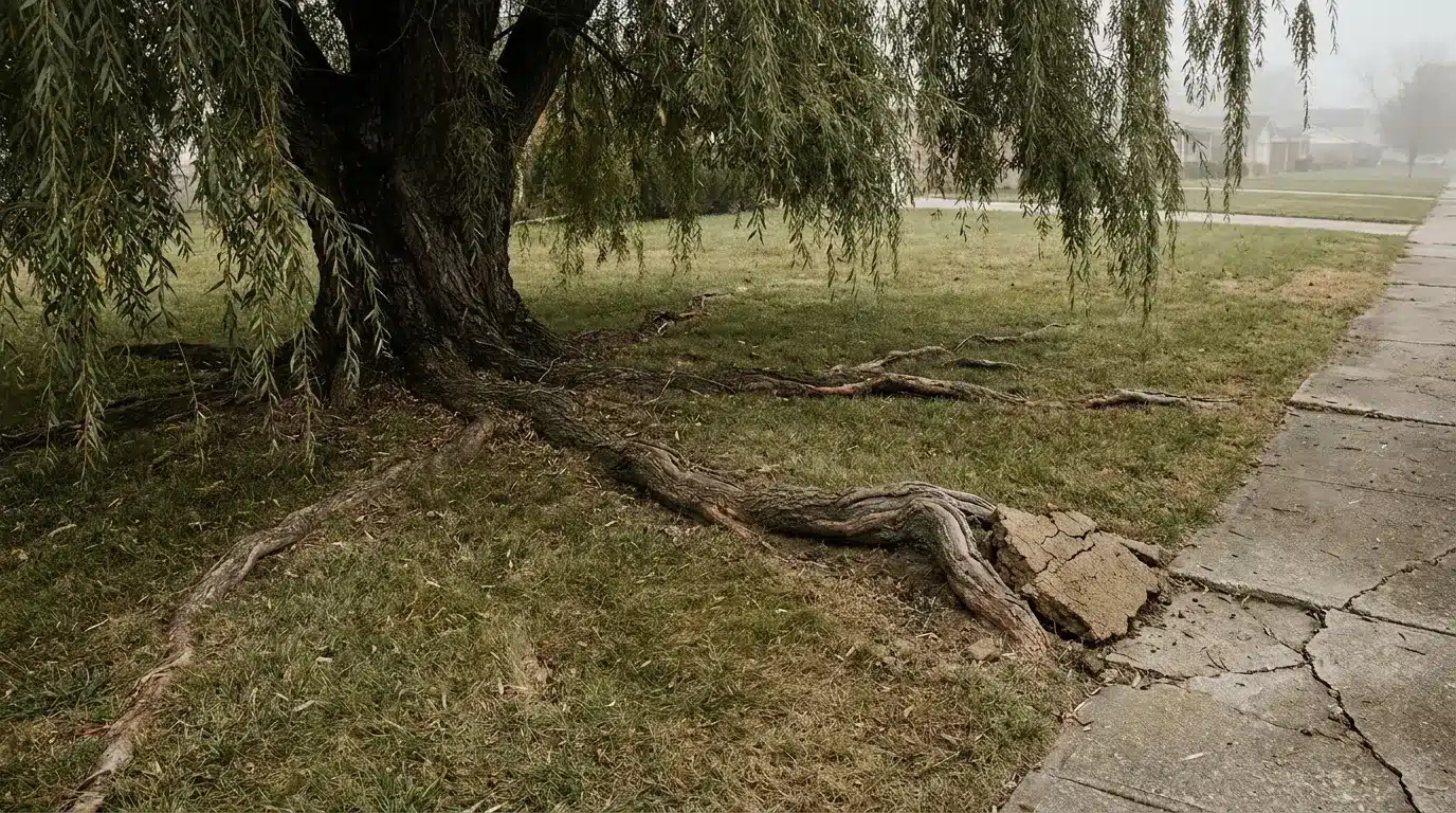 Large willow tree with exposed roots encroaching on cracked sidewalk in a foggy park setting