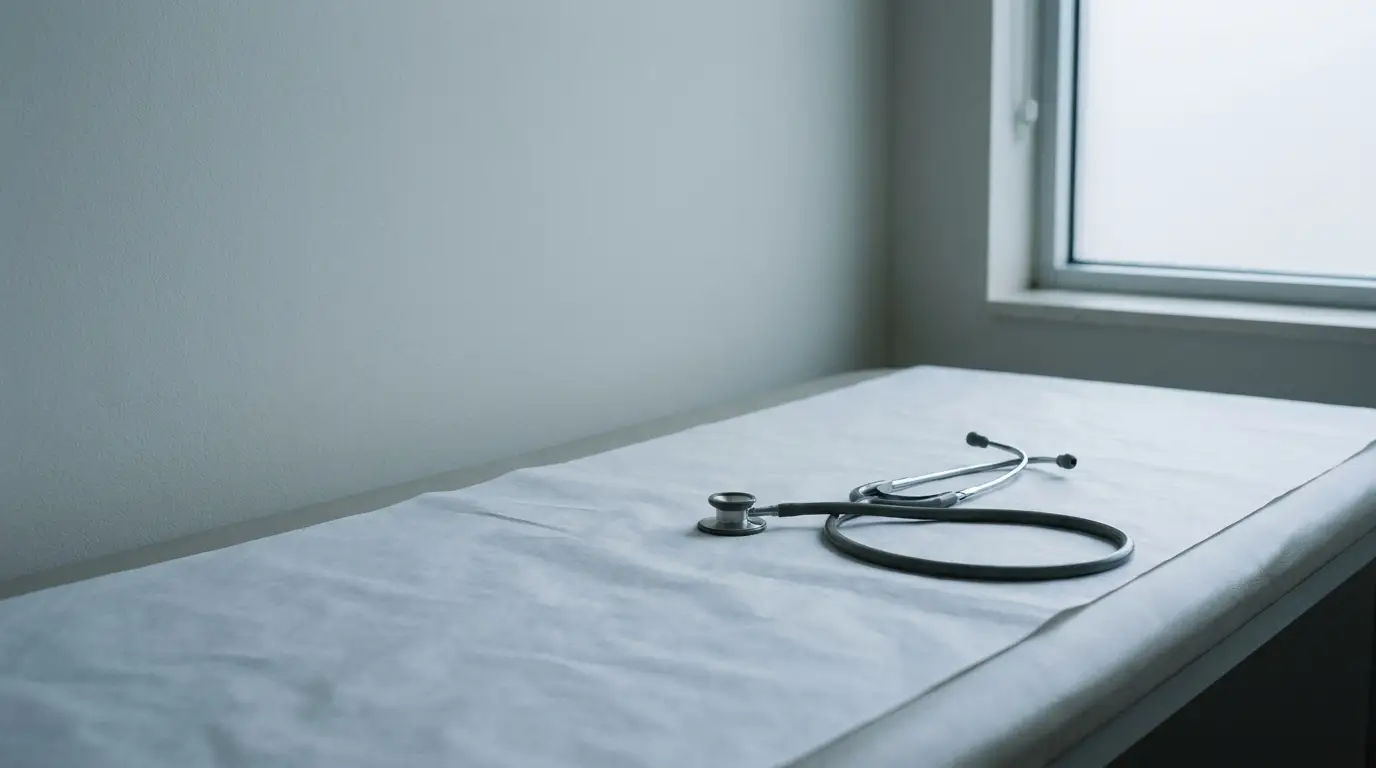 Stethoscope on a paper-covered examination table in a bright medical office