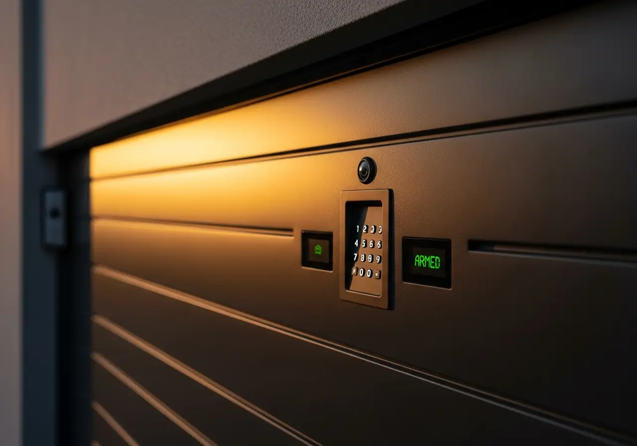 Security keypad and armed display on metal garage door under warm lighting