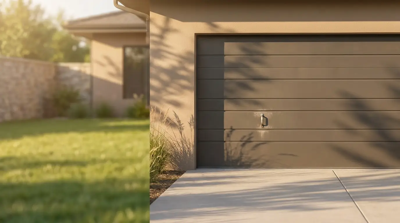 Brown garage door with handle in sunny residential driveway setting